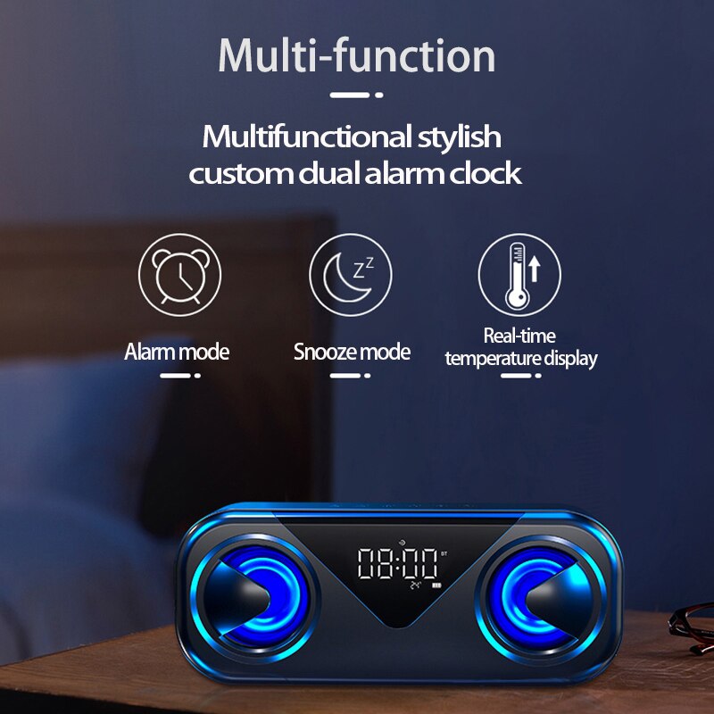 Horloge LED haut-parleurs Bluetooth portables en plein air sans fil stéréo basse colonne Subwoofer barre de son Support TF carte AUX USB mains libres