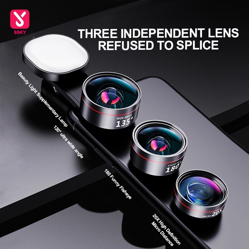 Fisheye Lens Three-in-one Set Wide-angle Mobile Phone Lens Shooting External HD Camera Universal Fill Light Macro