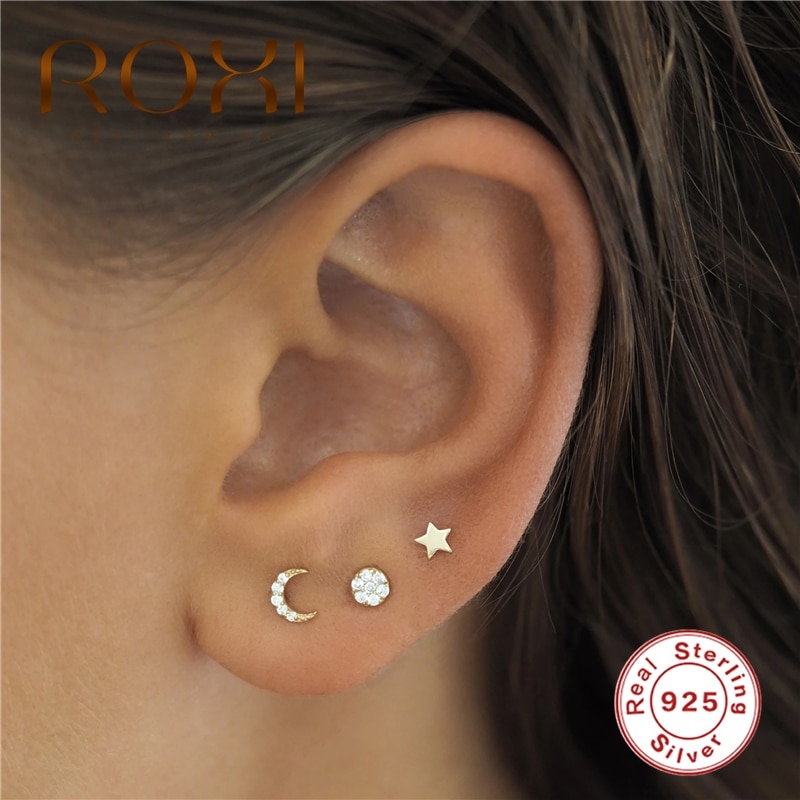 ROXI Classic Round Circle Crytal Piercing Earrings for Women Pendientes 925 Sterling Silver Simple Cartilage Earrings Jewelry