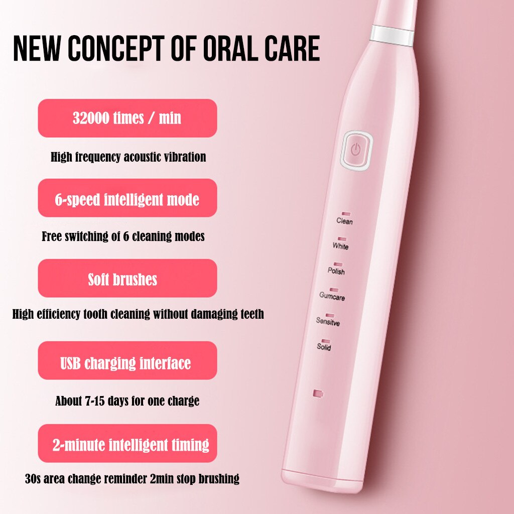 Electric Toothbrush, USB Waterproof Rechargeable Toothbrush for Adults, 6 Modes Tooth Brush USB Rechargeable Teeth Cleaner