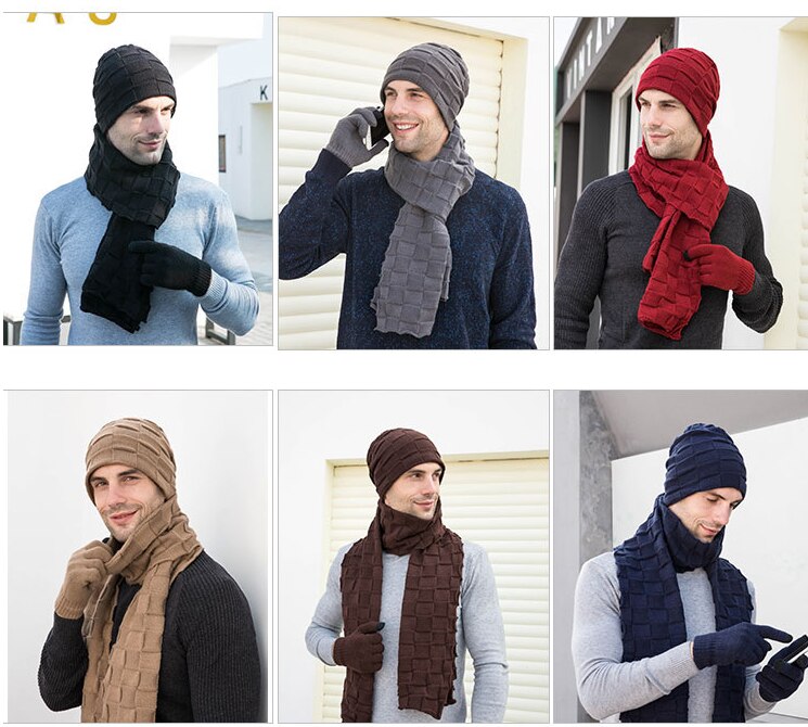 Beanies hue tørklæde handsker sæt 3 stk vinter strikket tyk varm hue kvinder mænd solid retro hue hat soft touch screen handsker