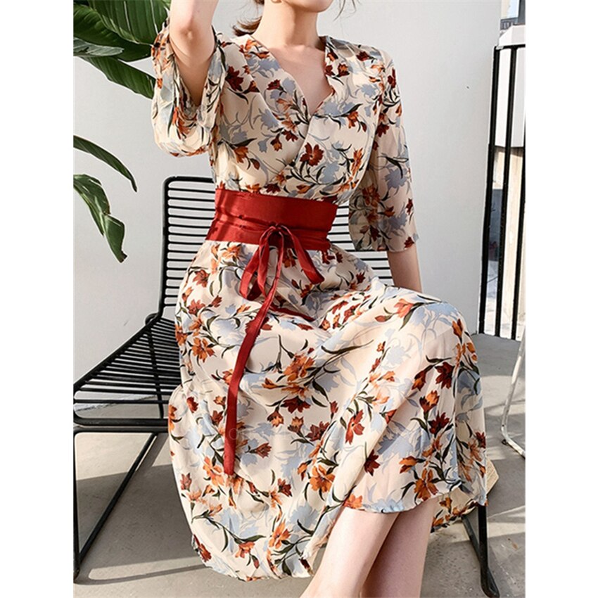 Vestido de estilo japonés con estampado de flores para mujer, ropa de calle femenina, estilo informal, Retro, Harajuku, Yukata, Obi