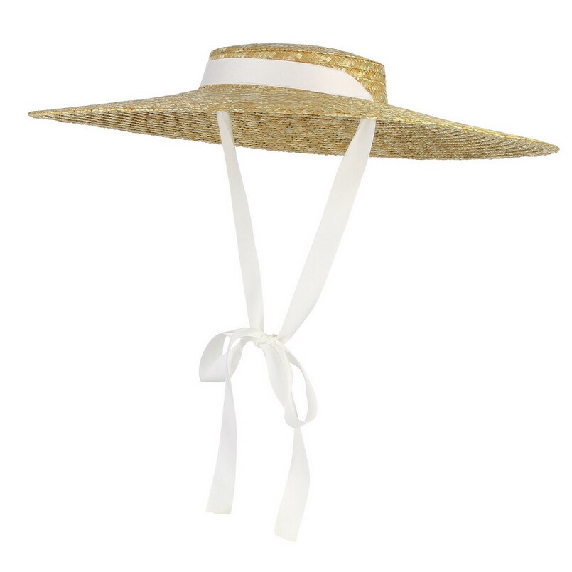 Gemvie stråhat med stor skygge sommerhatte til kvinder bånd strandkasket boater flad top solhat: Hvid / 13cm rande