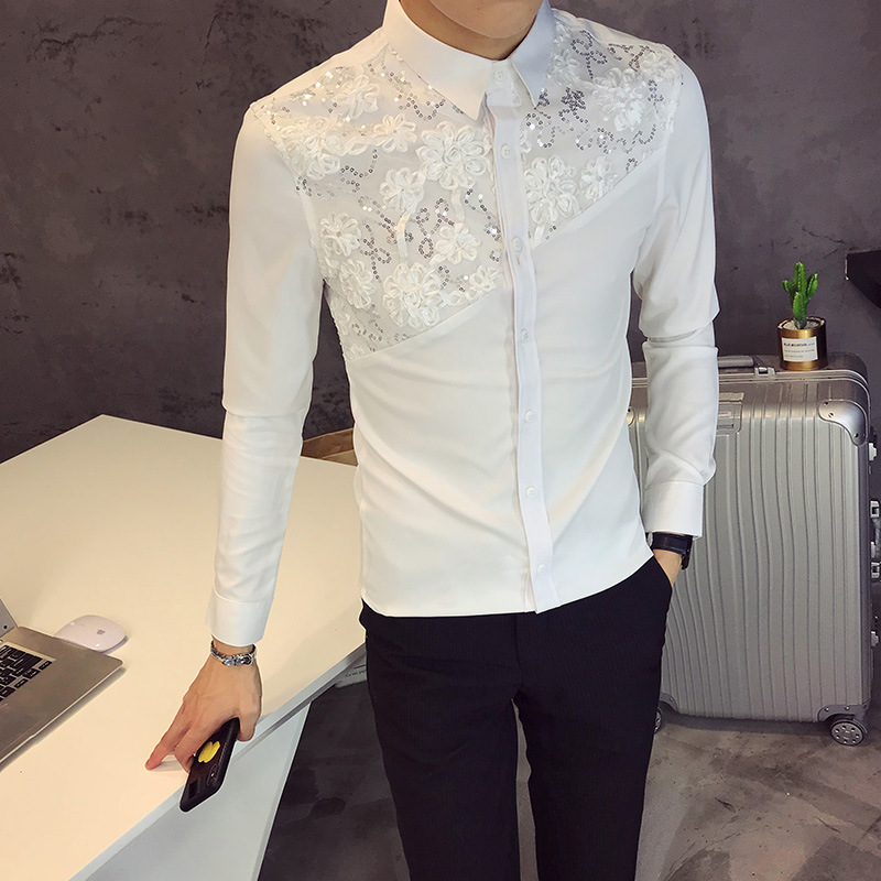 Hommes dentelle chemise concepteur mariage à manches longues chemises hommes smoking chemises Social Club fête Club noir blanc robe chemises: white / Korea L