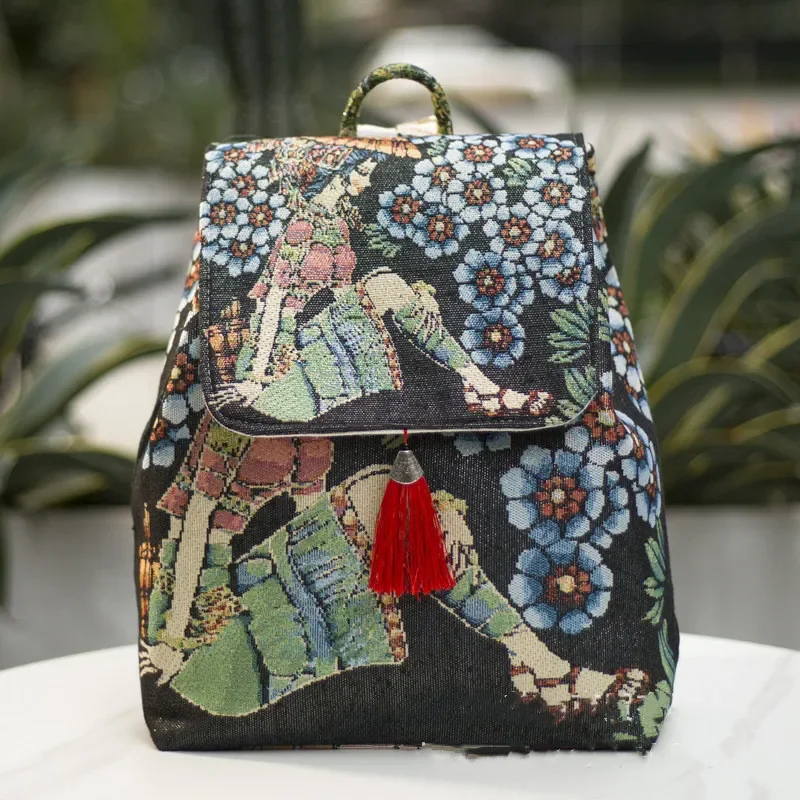 Sacs à dos brodés de style ethnique pour femmes, streetwear vintage, décontractée, sac de voyage Harajuku, sac en toile de sport: Clair
