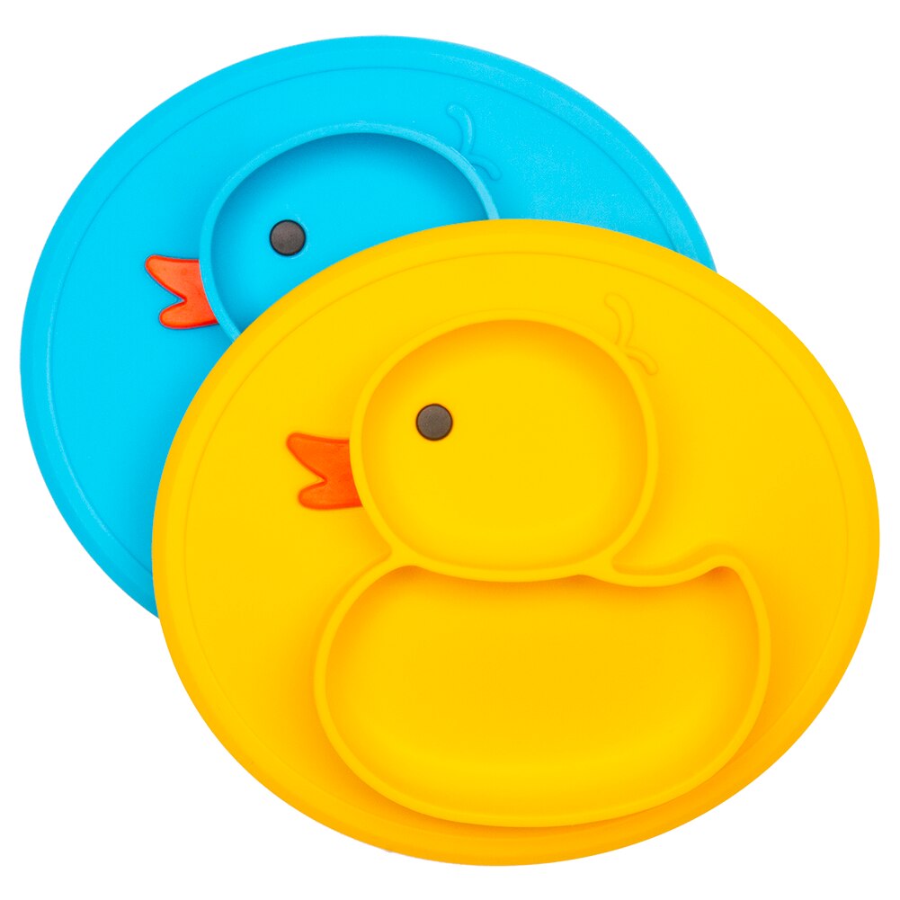 Qshare, 2 uds., platos para bebés, platos de pato, tapete de silicona, charola de succión, antideslizante, platos de comida para niños, platos de alimentación de frutas para bebés: Yellow and Blue