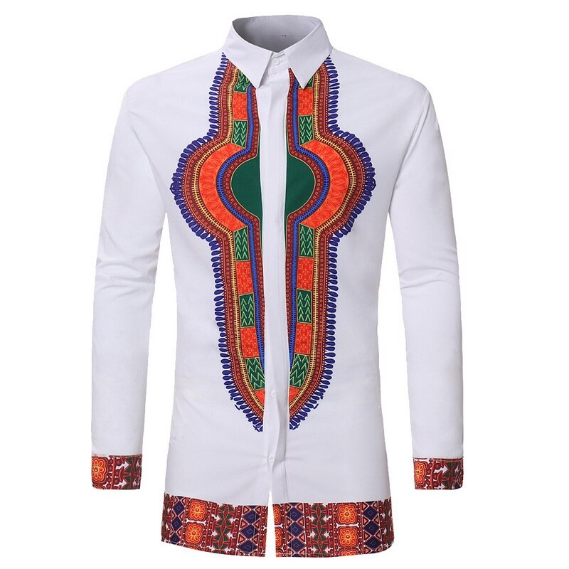 Vintage Mannen Etnische Print Top Tees Lange Mouw Stand Kraag Afrikaanse Print Dashiki Shirt Wit Heren Kleding: XL