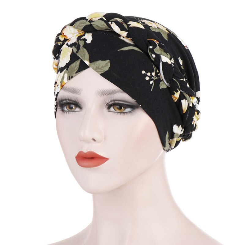 Bohemia Printed leopard cotton turban cap braid muslim head turbans for women pearls headscarf bonnet islamic inner hijabs caps: 2