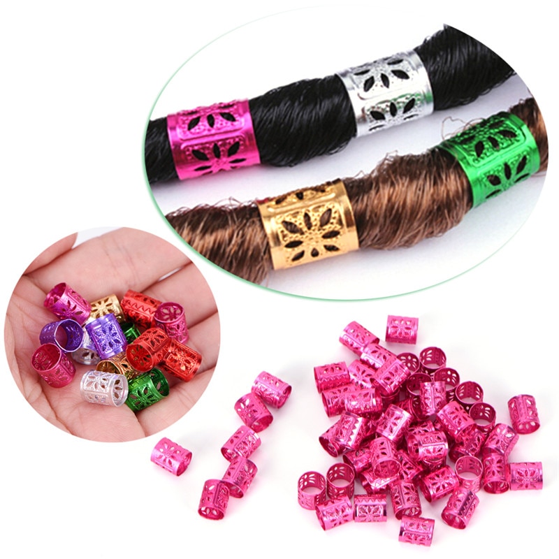 50Pcs 6 Colors Mixed Dreadlock Beads Adjustable Hair Braids Cuff Clip 1x1cm Hole Micro Ring Beads