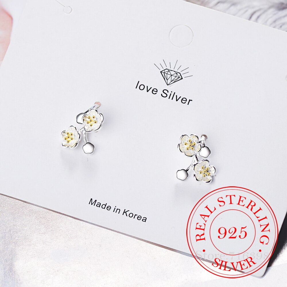 Pendientes de flores de cerezo para mujer, de Plata de Ley 925 con frío, joyería fina