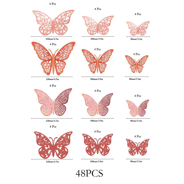 12 PCS Schmetterling Kuchen Dekoration Gold 3D Hohl Cupcake Topper Geburtstag Hochzeitstag Baby Shower Party Kuchen Dekorationen: Rose Gold 48PCS