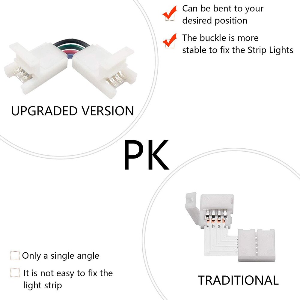 10pcs/pack RGB Right Angle 4 Pin 10mm Solderless Adapter Fastener Corner 5050 L Shape Connector LED Strip Light