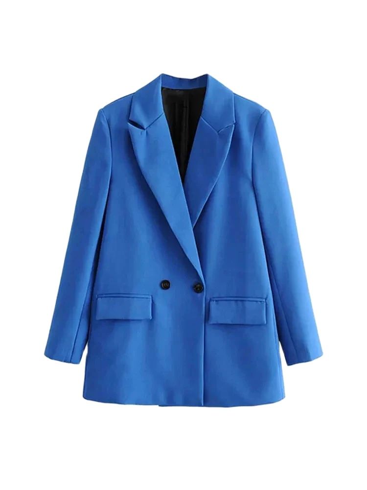 TRZA Vrouwen Chic Office Lady Double Breasted Blazer Vintage Jas Mode Notched Kraag Lange Mouw Dames Bovenkleding Stijlvolle Tops