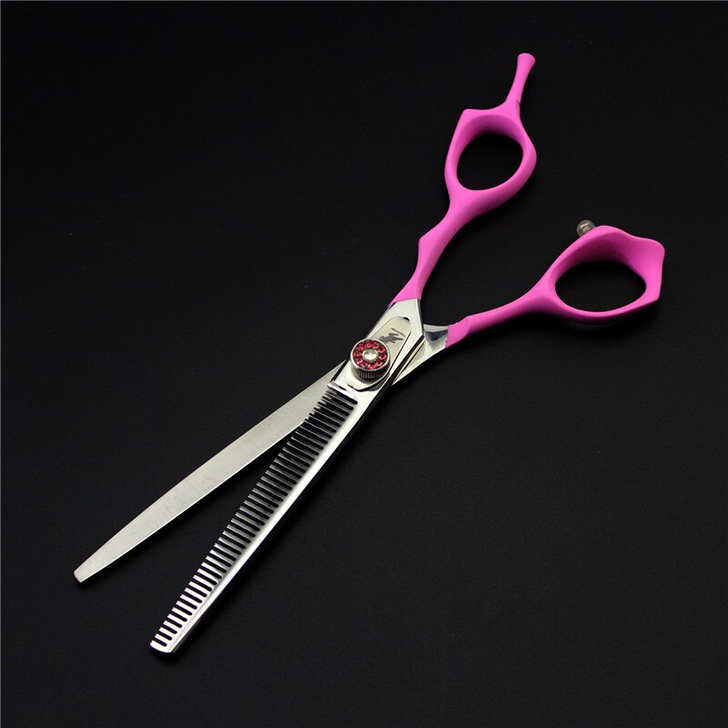 Freelander japan 440c 7.0 tommer lyserød maling håndtag high-end pet grooming saks 4 stykke sæt hårplejeværktøjer: Tynd saks