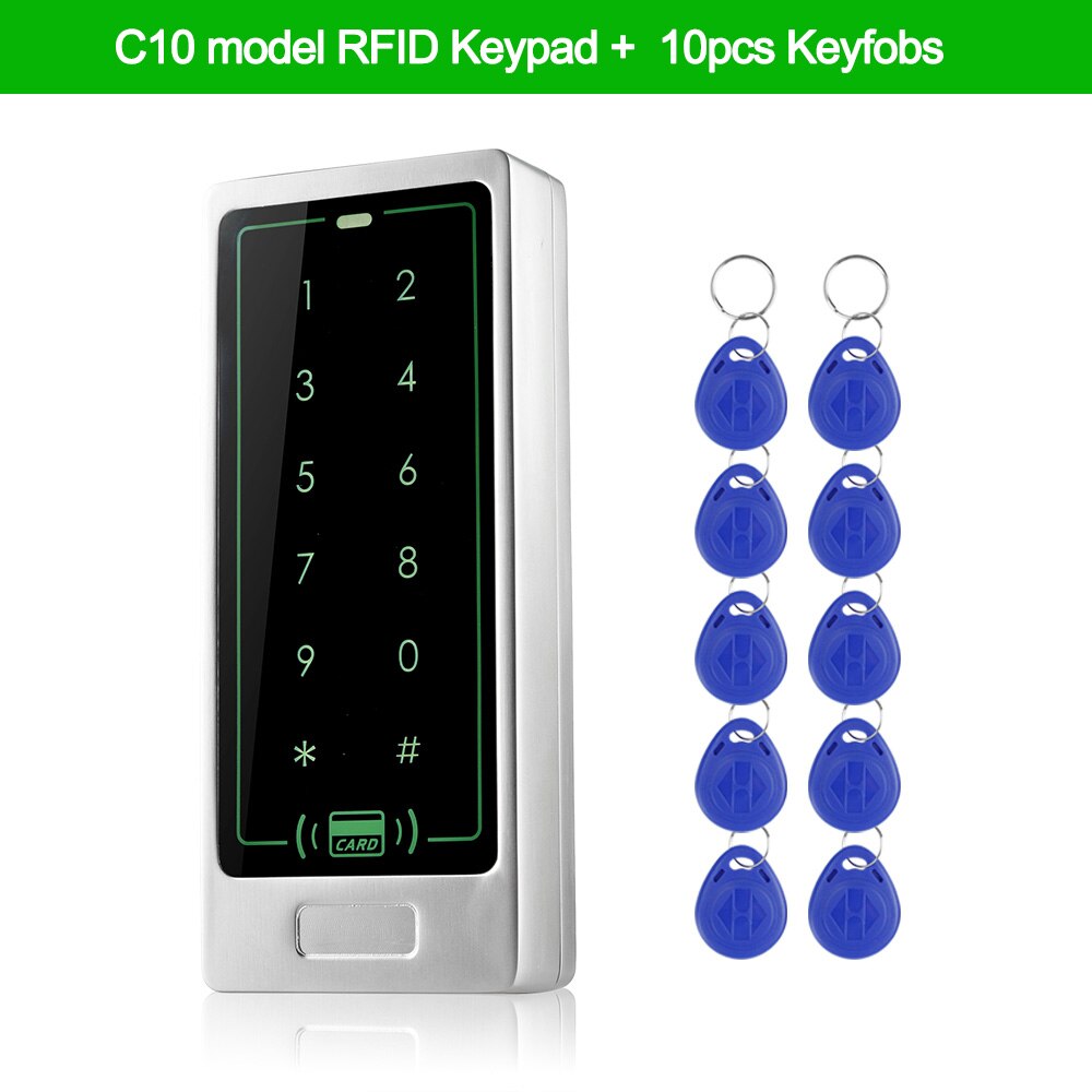 Standalone 125KHz RFID Access Control Keypad Touch Metal Proximity Reader Entry Door Opener for Door Lock System +10 Keyfobs: C10 Keypad with Keys