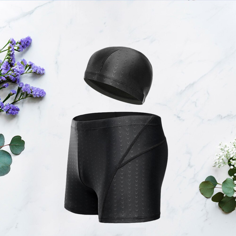 Erwachsene Männer Große Größe Wasserdichte Schwimmen Kostüm Hohe Elastische Badehose und Schwimmen Kappe einstellen (Schwarz, Größe)