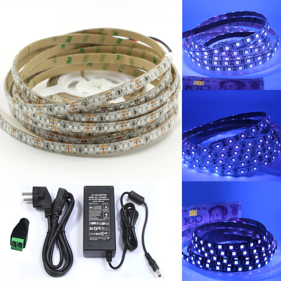 1m 5m Ultraviolet Zwart licht SMD 3528 120 leds/m UV Led Strip zwart licht LED Lint paars Flexibele lamp + 12V power adapter