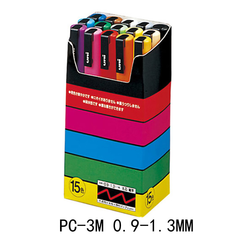 UNI POSCA – Rotulador artístico al óleo con cabeza redonda para publicidad, marcador pluma para pintura de grafitti, PC-1M PC-3M PC-5M PC-8K PC-17K, POP: PC-3M 15 colors