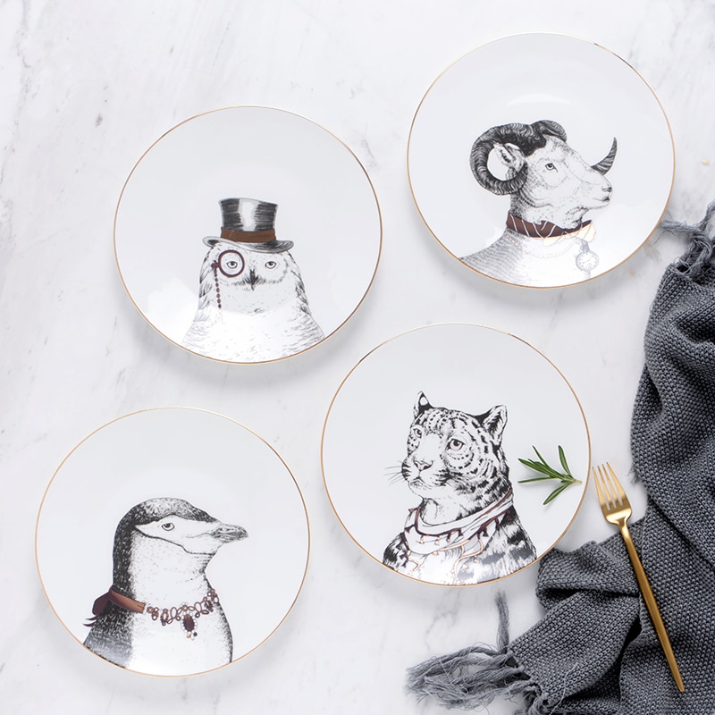 Assiettes à dîner en céramique De | Série animaux Royal Noble De 8 pouces, assiettes De table en porcelaine blanche en os De
