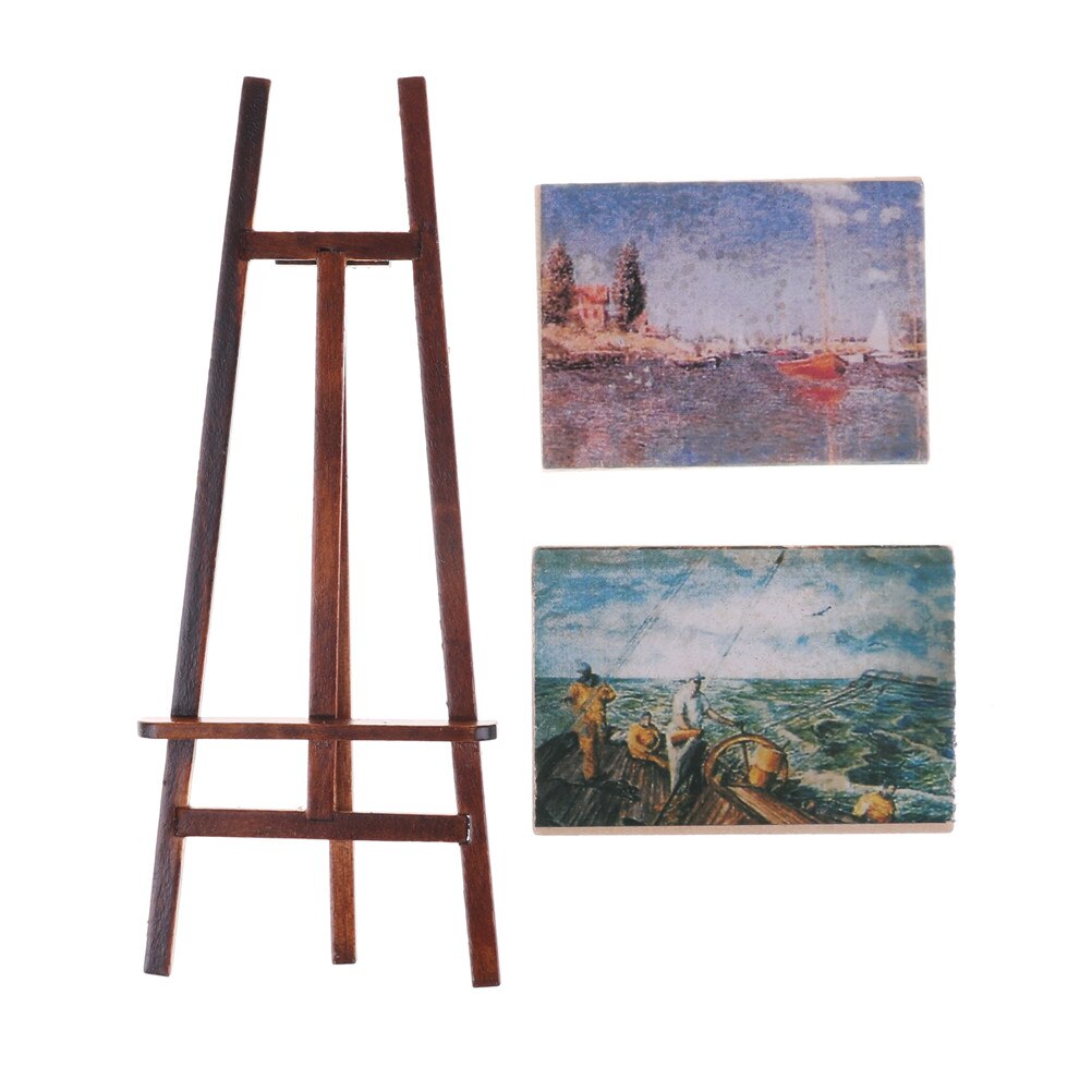 Artist Easel Stand & 2 Wood Paintings Picture Mini Artist Easel Wood Wedding Table Card Stand Display Holder Decoration 3pcs/Set