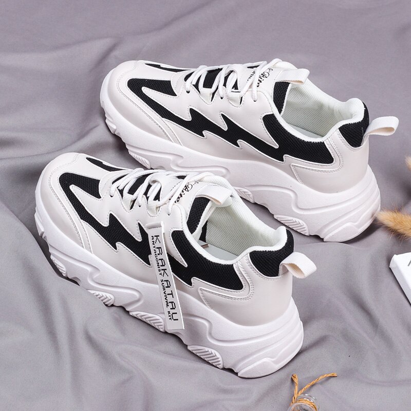 Sneakers skor snörning tenis designers dam skor våren kvinnor fritidsskor chunky vita skor kvinna chaussures femme: Svart / 35