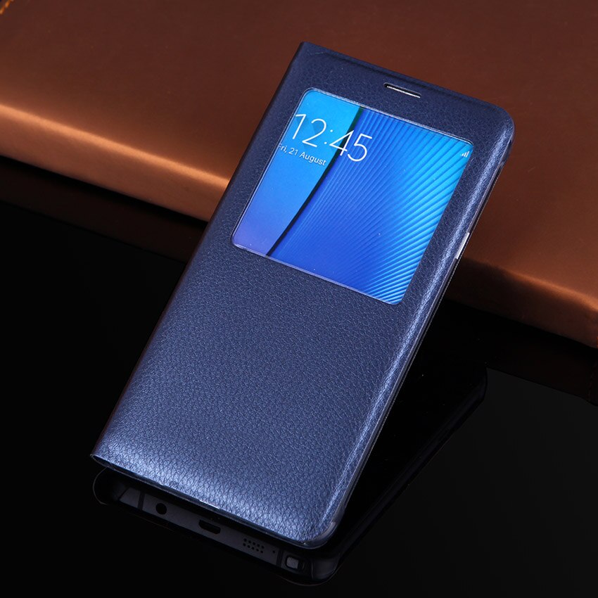 Flip Cover Leather Case Slim Window View Shockproof Bag Cell Phone Carrying Cases Mask For Samsung Note 5 Note5 N920 N920F N920H: Dark Blue