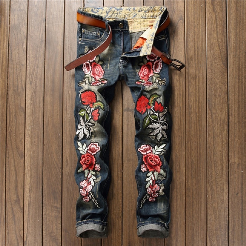 Vaqueros con flores bordadas para hombre, vaqueros de a la , de clásico y de