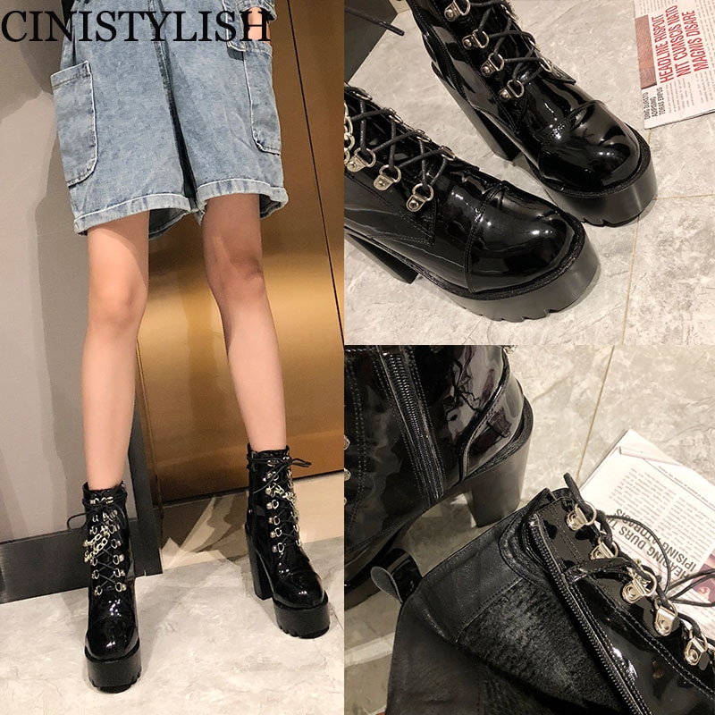 Gothique femmes bottines chaussures sur plate-forme chaîne en cuir verni femme Demonia bottes Punk Style dames hiver
