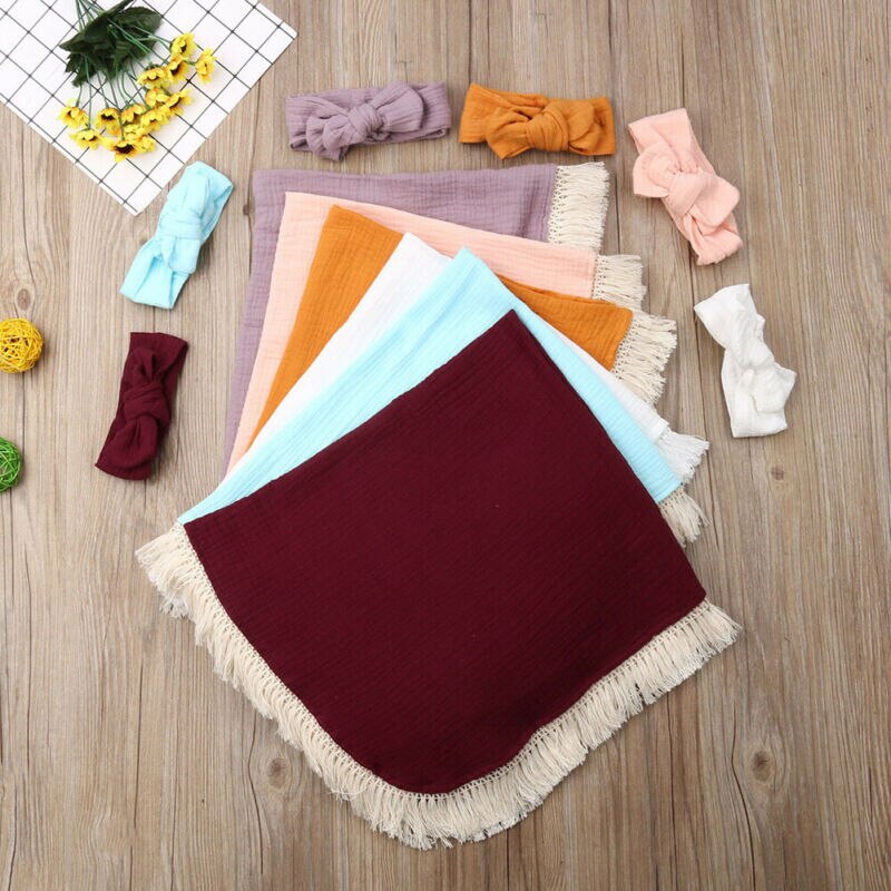 2Pcs Baby Girls Boy Tassel Swaddle Wrap Blanket Muslin 100% Cotton Sleeping Mat