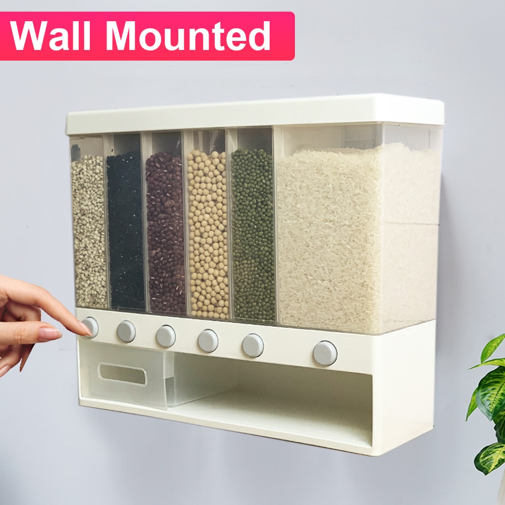 Moisture Proof Wall Mounted Cereal Dispenser 6 Grids Rice Container Dispenser Plastic Automatic Racks Sealed Food Storage Box