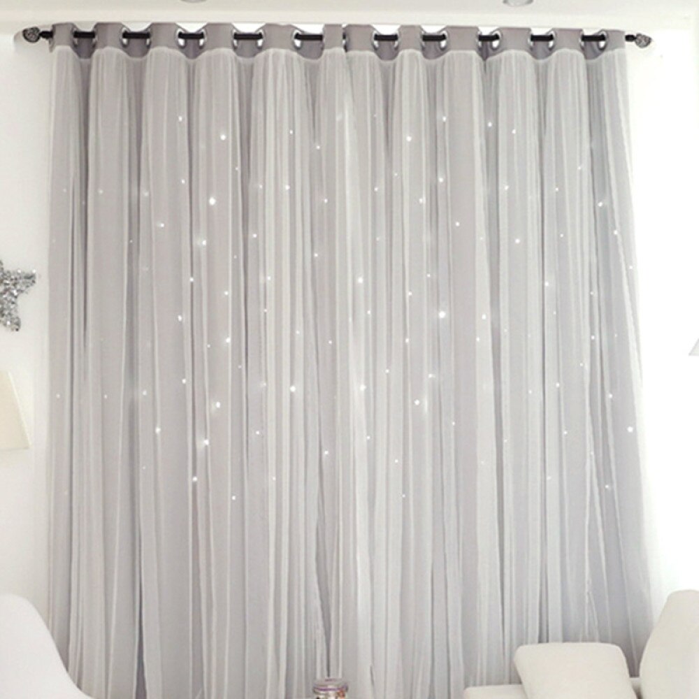 Cortinas con estrellas, doble tela y gasa, grises