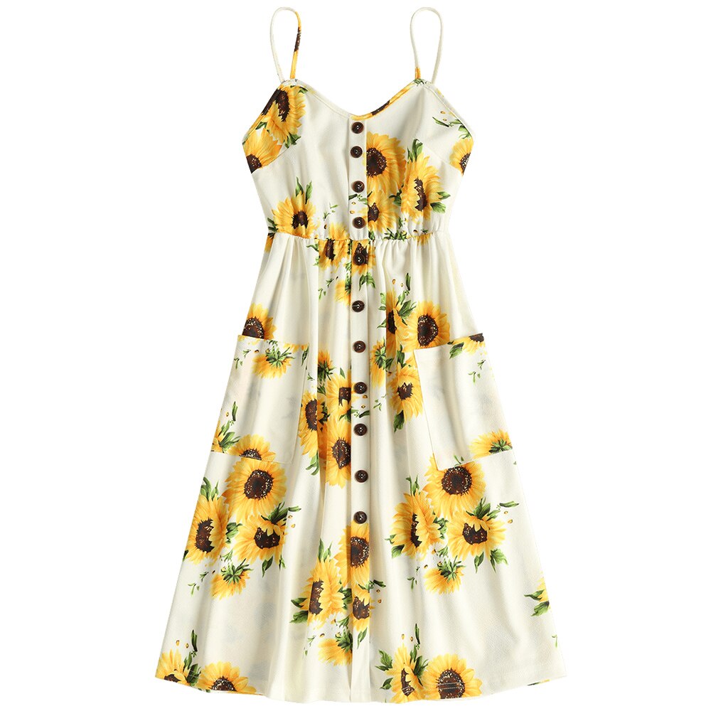 ZAFUL Boho Floral Print Summer Dress V Neck Pockets Sleeveless Midi Dresses Female Sunflower Pleated Backless Button Sexy Dress: XXL