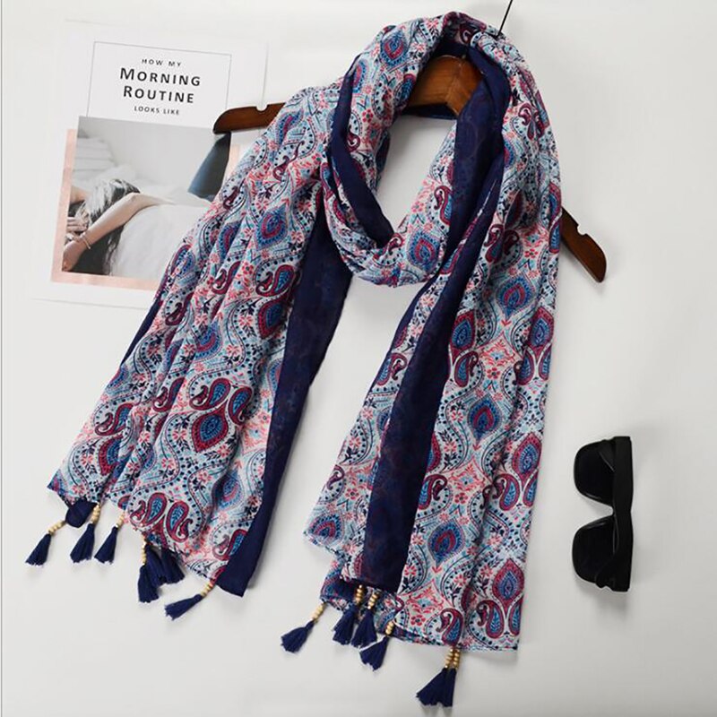 Ethnische Kopf Schal Hijab Schal Frauen Schals Spanien Stil Bohemian Hippie Geometrische Muster Quasten Schal