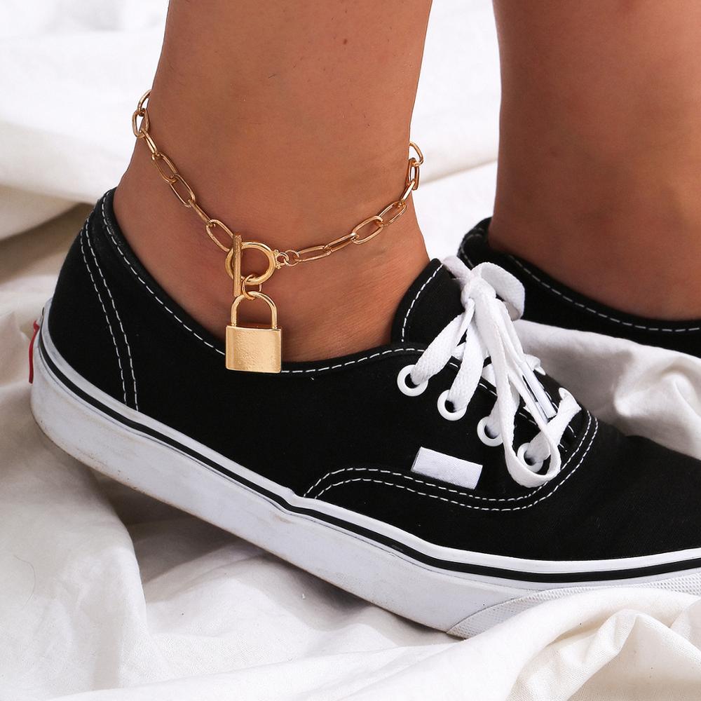 Punk Lover Lock Pendant Iron Chain Anklet Women Adjustable Vintage Goth Lariat Lasso Thin Link Barefoot Sandals Foot Jewelry