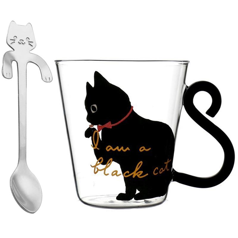 Søde katte varmebestandige kaffekrus drikkeisolering glas te kop drinkware mælk med ske