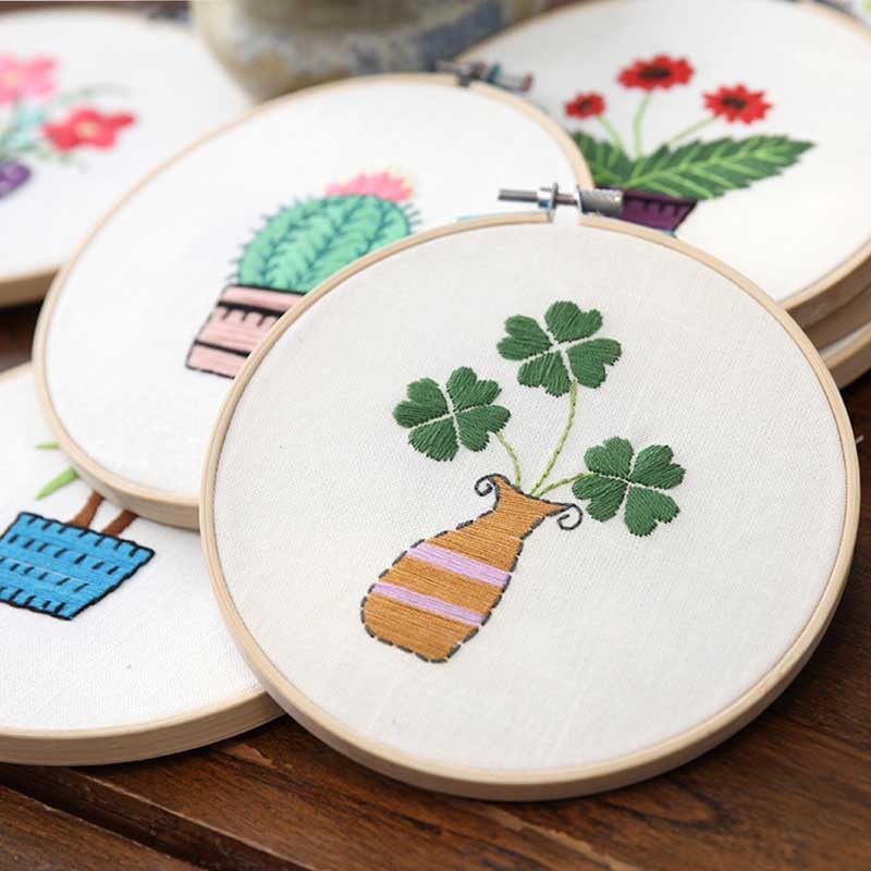 Simple Plant Flower Embroidery Kits for Beginner with 15cm Bamboo Hoop Flower Pattern Needlework Cross Stitch Swing Painting