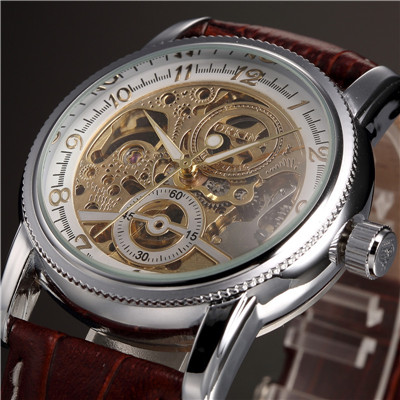 Mænds armbåndsure luksus gyldent skelet mekanisk steampunk mandligt ur automatisk armbåndsur læderrem herren horloges: Hvid