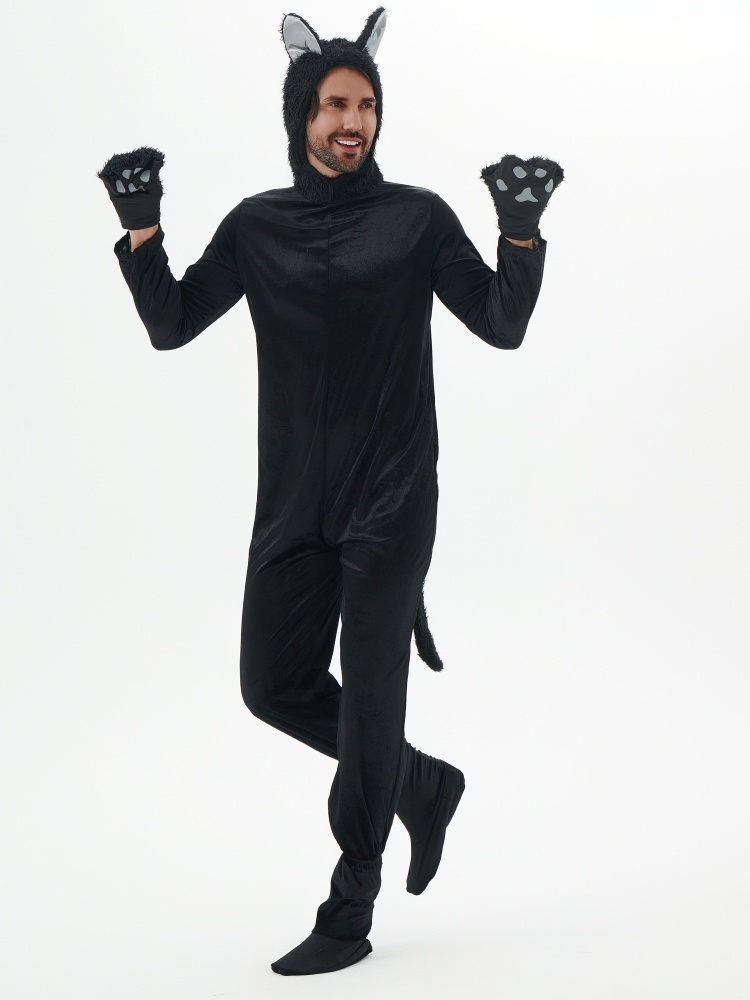 Costume de cosplay de chat noir pour hommes et femmes, grenouillère animale, combinaisons de danse, accessoires de fête d'Halloween, adulte