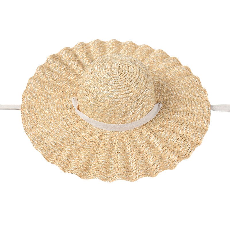 Uspop store bølgerige stråhatte kvinder snørebånd strandhatte langt bånd naturlige hvede stråhatte: Hvid