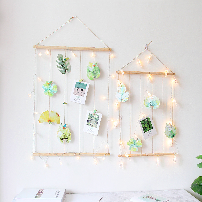 Handgemaakte grote houten stok hangende diy fotodisplay macramé wandhanger foto organizer met clips foto achtergronddecoratie