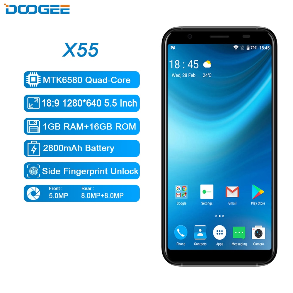 DOOGEE X55 Smartphone 5.5 ''18:9 HD MTK6580 Quad Core 16GB ROM double caméra 8.0MP Android 7.0 2800mAh empreinte digitale latérale