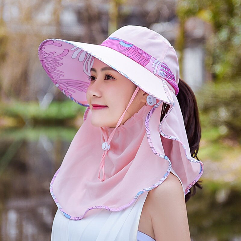 Ymsaid Chiffon Flowers Big Eaves summer hats for women Foldable Covered Face Neck Cycling Anti Uv Sun Hat: Pink Hat