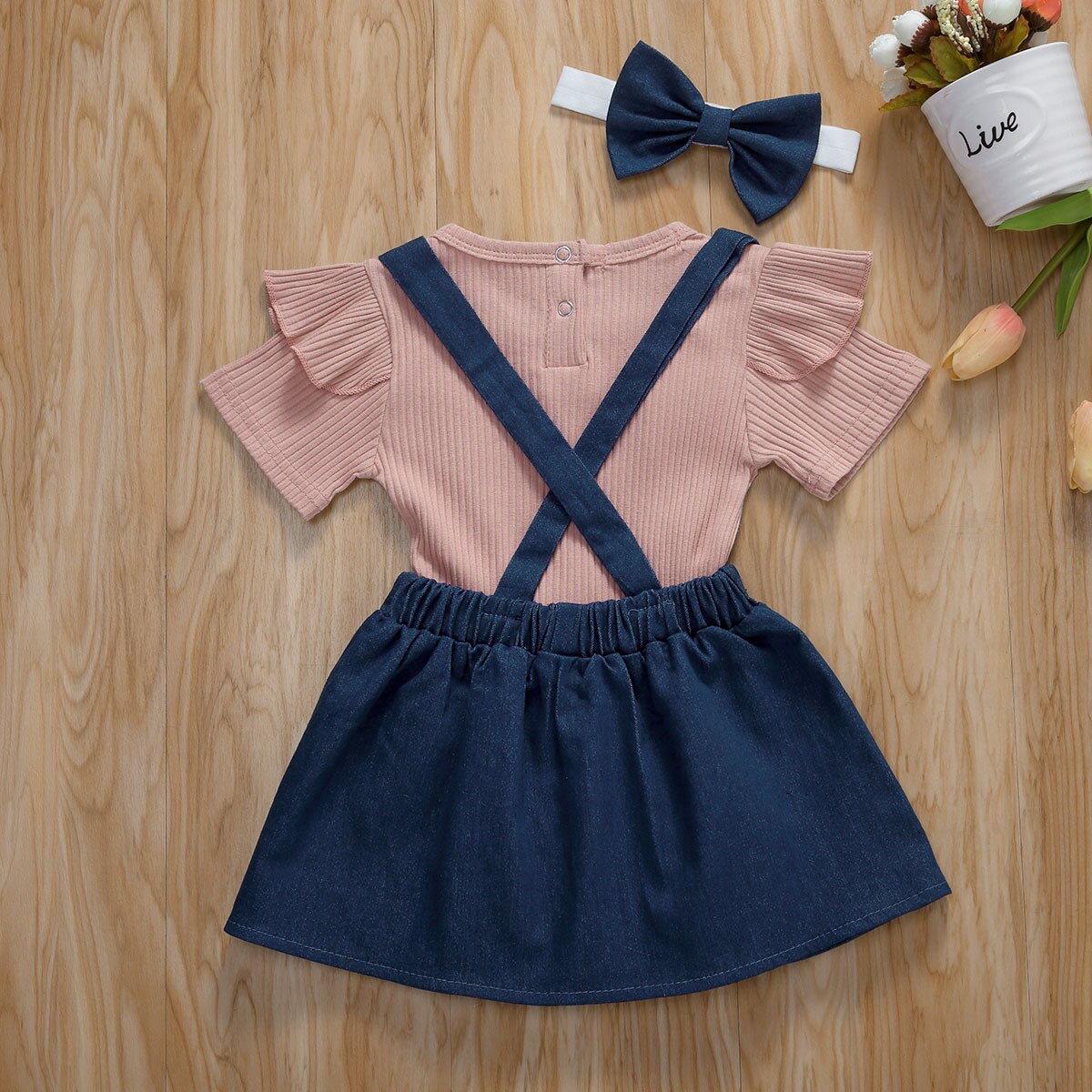 Pasgeboren Baby Vliegen Mouwen Effen Kleur Romper Denim Riem Rok Boog Hoofddeksels Set Baby Meisjes Zoete Jumpsuit Met Jarretel Rokje