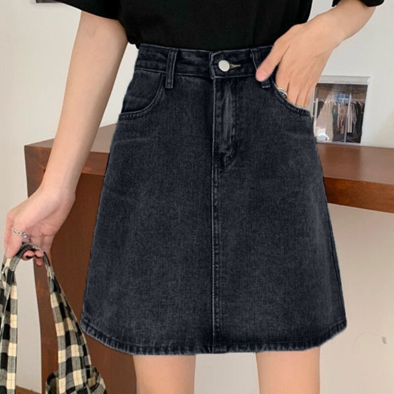 Faldas vaqueras de estilo coreano para mujer, faldas de corte en A, de sólido que combina con todo, bolsillos, cintura alta diaria Simple, informal de verano: 001gray-black / XL