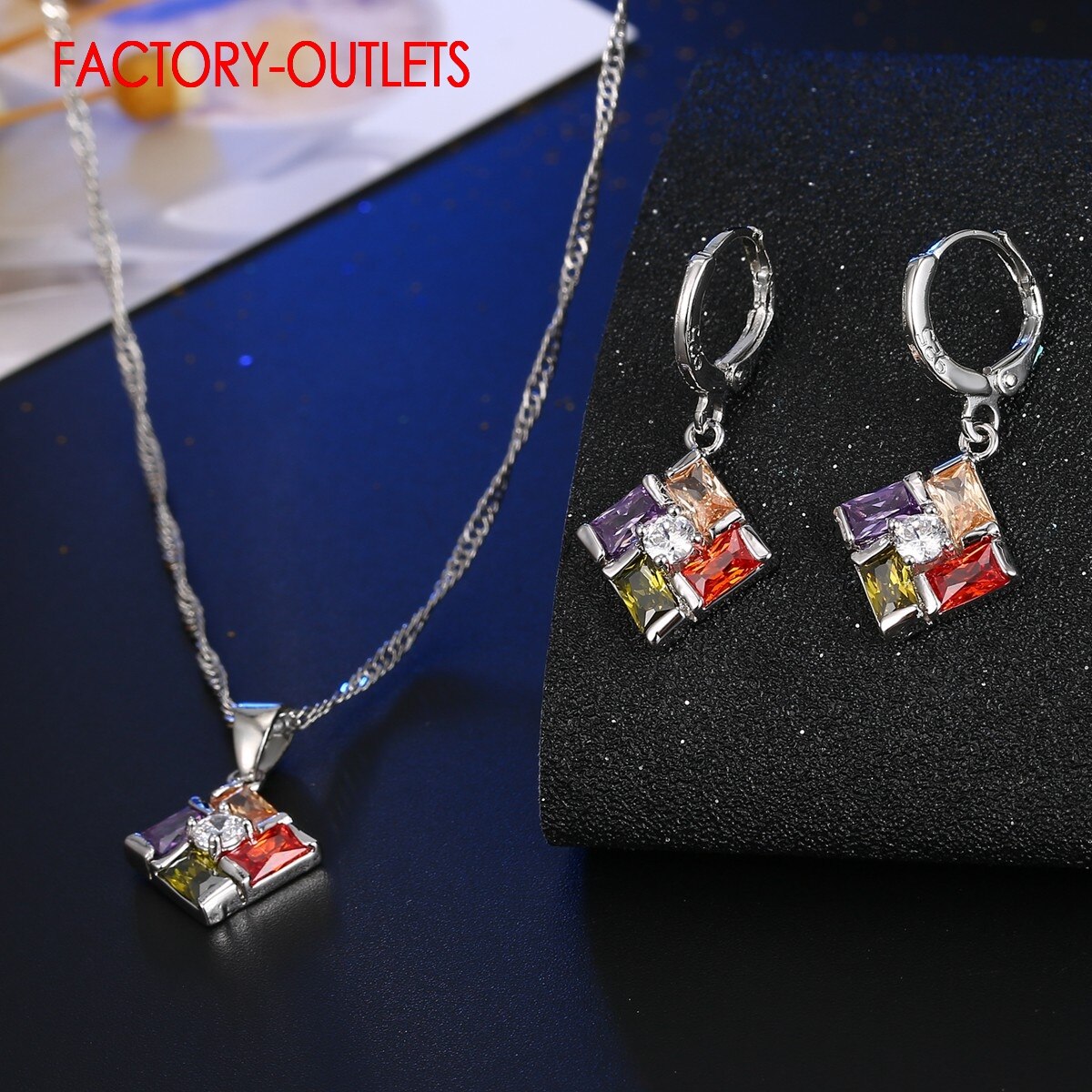 Pendant Necklace Hoop Earrings Set For Decoration Jewelry Square Austrian Crystal Women Girls Engagement Anniversary