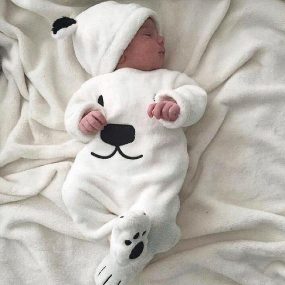 Baby Boys Girls Romper Infant Newborn Warm Winter Long Sleeve Cartoon Bear Soft Fleece Romper Jumpsuit+Hat Sets Newest