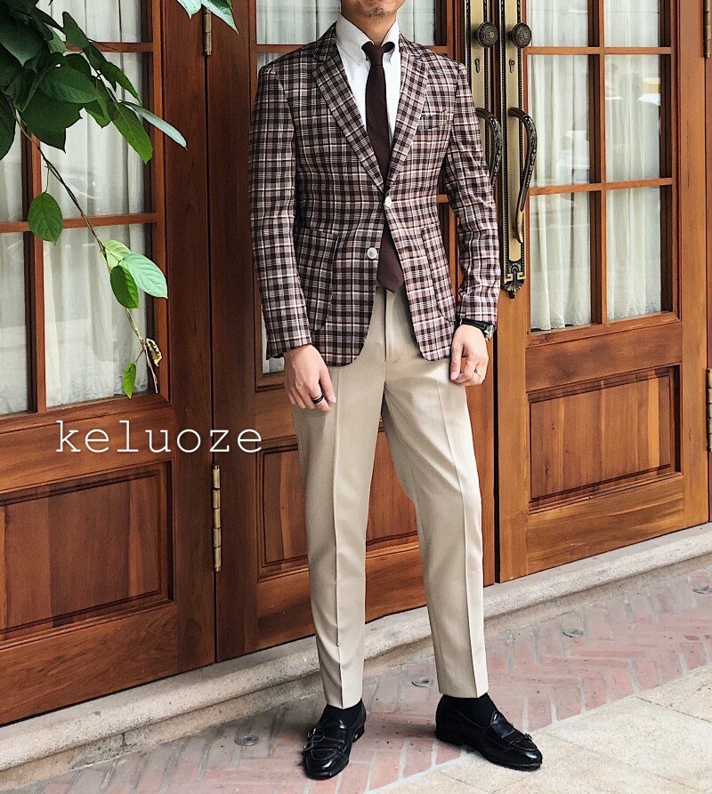 Vår khaki herr kavaj rutig kavaj homme slim fit affärsväst homme kostym herr kontor rutig jacka vestidos de novia