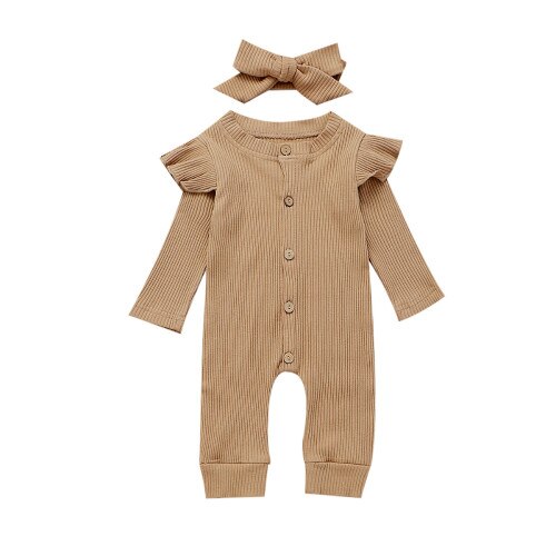 Combinaison manches longues pour -né | 0-24M, pour bébé garçon fille, combinaison en coton, bandeau, 2 pièces, vêtements pour bébé: camel / 24M