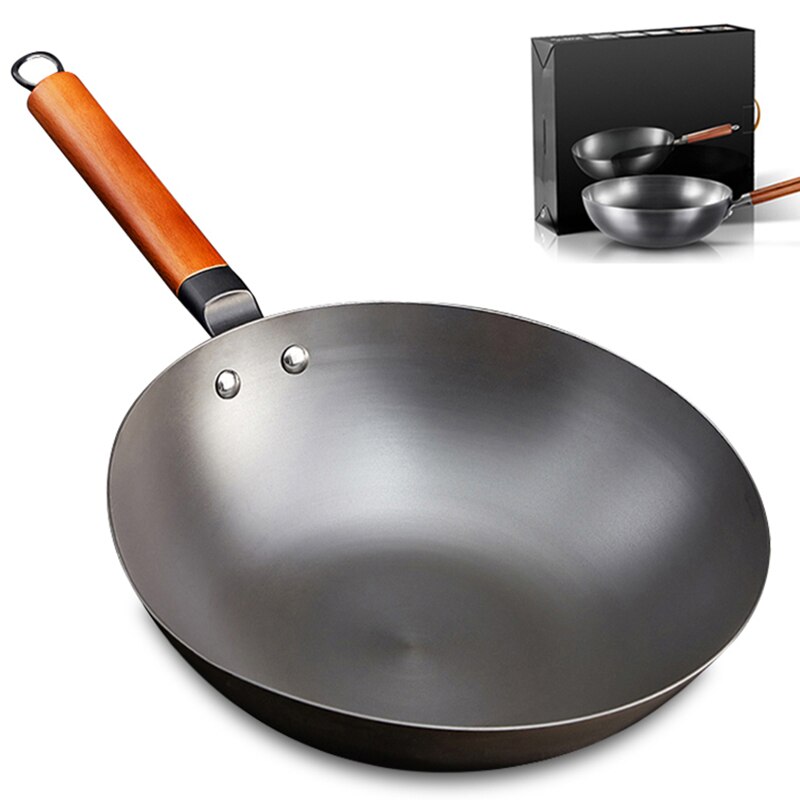 Chinese Traditional Wok Non-coating Handmade Wok With Wooden Handle Iron Non Stick Rusting Pan Induction and Gas Cooker Cookware