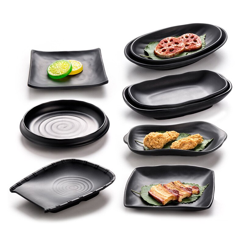 Melamin svart tallerken porselen imitasjon frost biff sushi dessert tallerken kjøkken matbit servise fast skrivebord oppsett